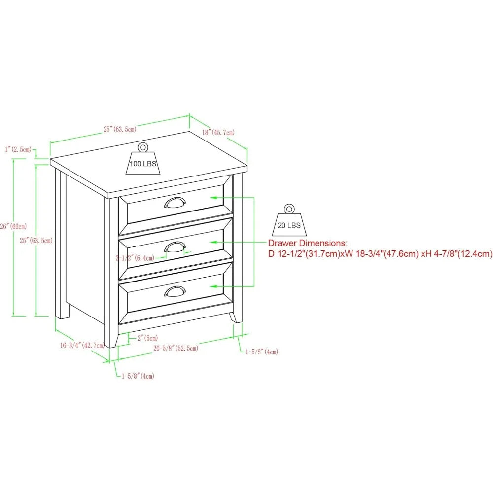 2-Piece Nightstand, Modern Farmhouse 3 Drawer Framed Nightstand with Half-Moon Handles, White Oak End Table for Bedroom