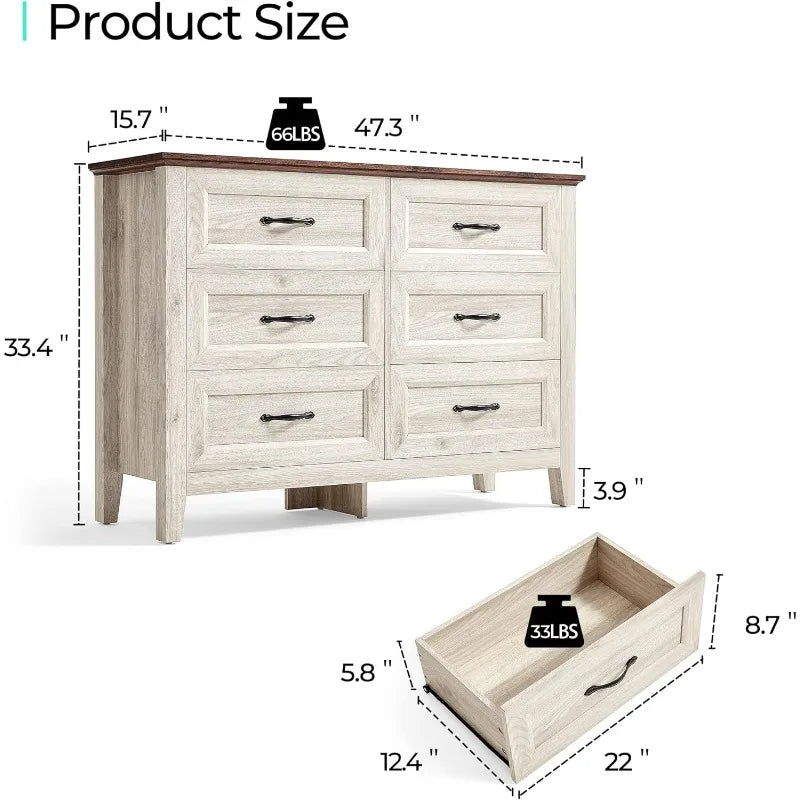 Farmhouse 6 Drawers Dresser, White Wood Dresser for Bedroom Wide Chest of Drawers, French Country Storage Double Dressers Or