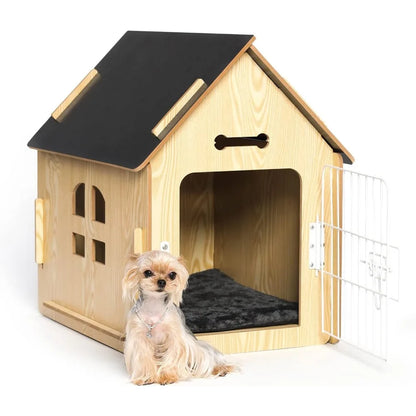 Niche pour chien confortable en bois pour chiens, petite chambre d'intérieur, grotte pour chien avec aérations et plancher surélevé pour la chaleur