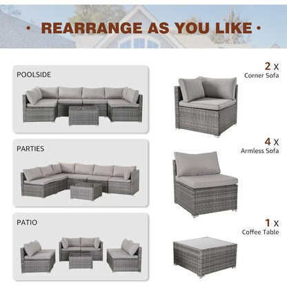 Ensemble de meubles de patio 7 pièces, ensemble de patio modulaire, ensemble de canapé sectionnel d'extérieur en osier, ensemble de conversation de patio en rotin PE