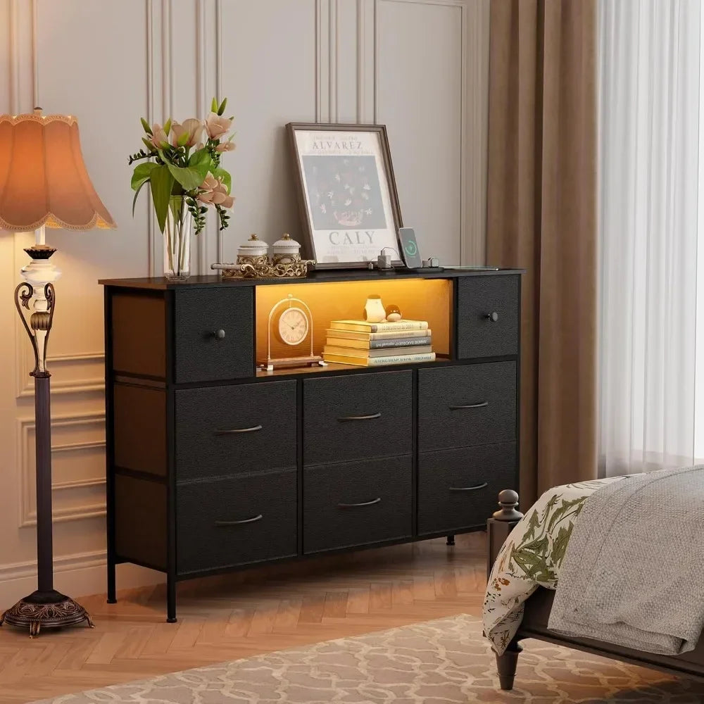 Dresser for Bedroom with Power Outlets and LED Lights, Black 55" TV Stand with 8 Drawers, Fabric Chest