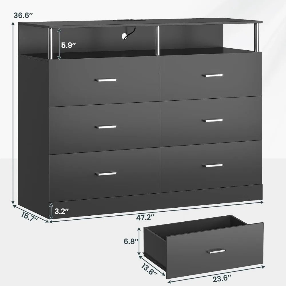 Commode blanche pour chambre à coucher avec 6 tiroirs, commodes et coffres à tiroirs avec design en colonne et station de charge, commode large à LED