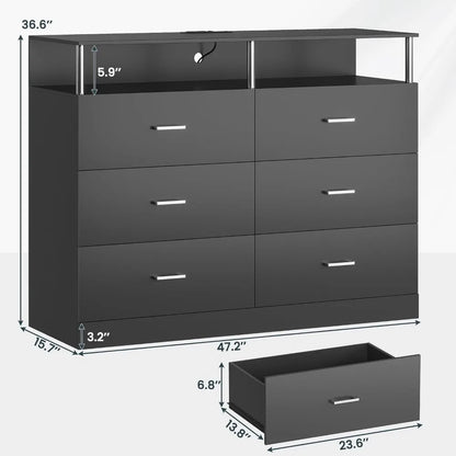 White Dresser for Bedroom with 6 Drawers, Dressers & Chests of Drawers with Column Design & Charging Station, Led Wide Dresser