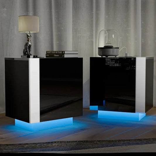 Mesitas de noche, mesita de noche de alto brillo con luces LED, estación de carga y gabinete de almacenamiento, gabinete de almacenamiento de mesita de noche para dormitorio