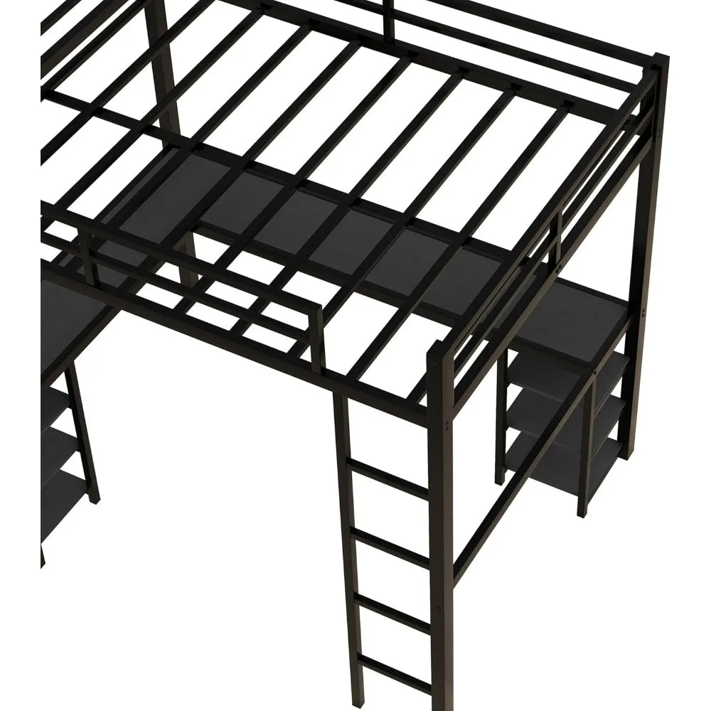 Full Size Loft Bed with Desk and Storage Shelves, Heavy Duty Metal Loft Bed with L-Shaped Desk and Ladder, Full Size Loft Bed