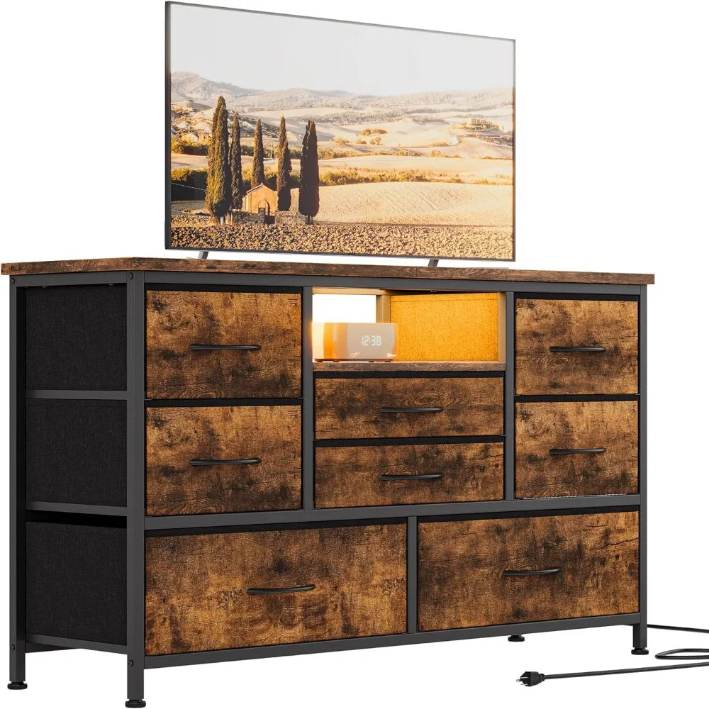 Meuble TV 8 tiroirs avec prise de courant et LED pour téléviseur 55'', commode longue pour chambre à coucher avec 8 tiroirs profonds, table console large