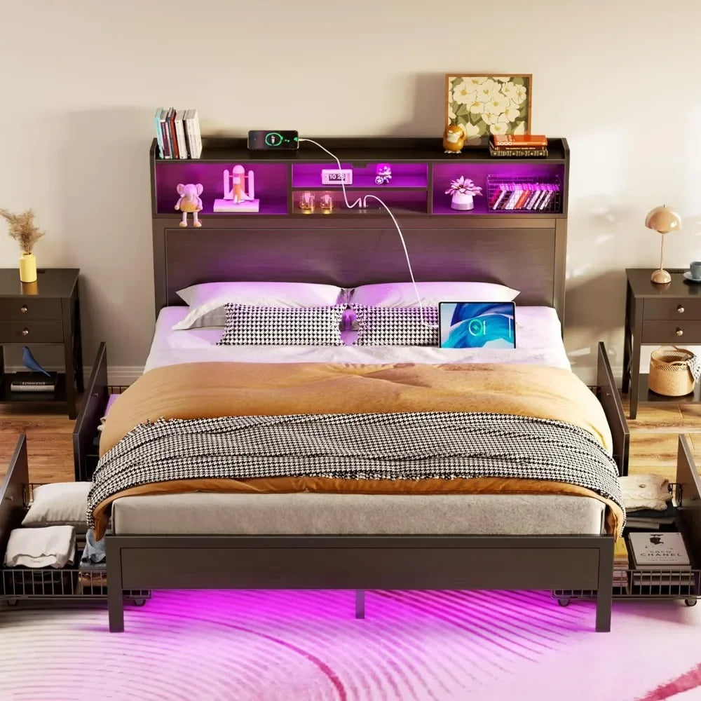 Rolanstar Queen Bed Frame with Storage Headboard, Metal Platform Charging Station, LED 4 Drawers, Bookcase Storage