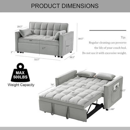 3 in 1 Sleeper Sofa Couch Bed, Velvet Convertible Sleeper Sofa w/3 Level Adjustable Backrest,Storage Pockets,Toss Pillows, Grey