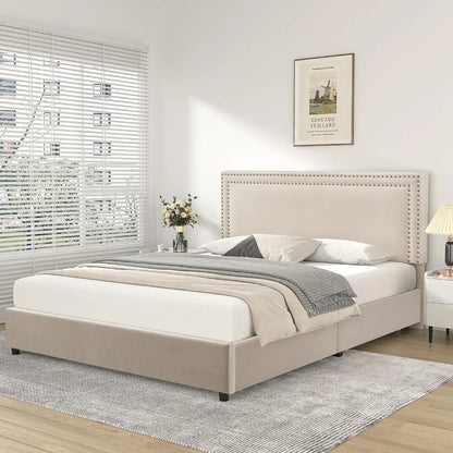 Cama de tamaño completo con plataforma acolchada y marco de cama con 4 cajones de almacenamiento, cabecera ajustable con remaches de terciopelo, cama de dormitorio