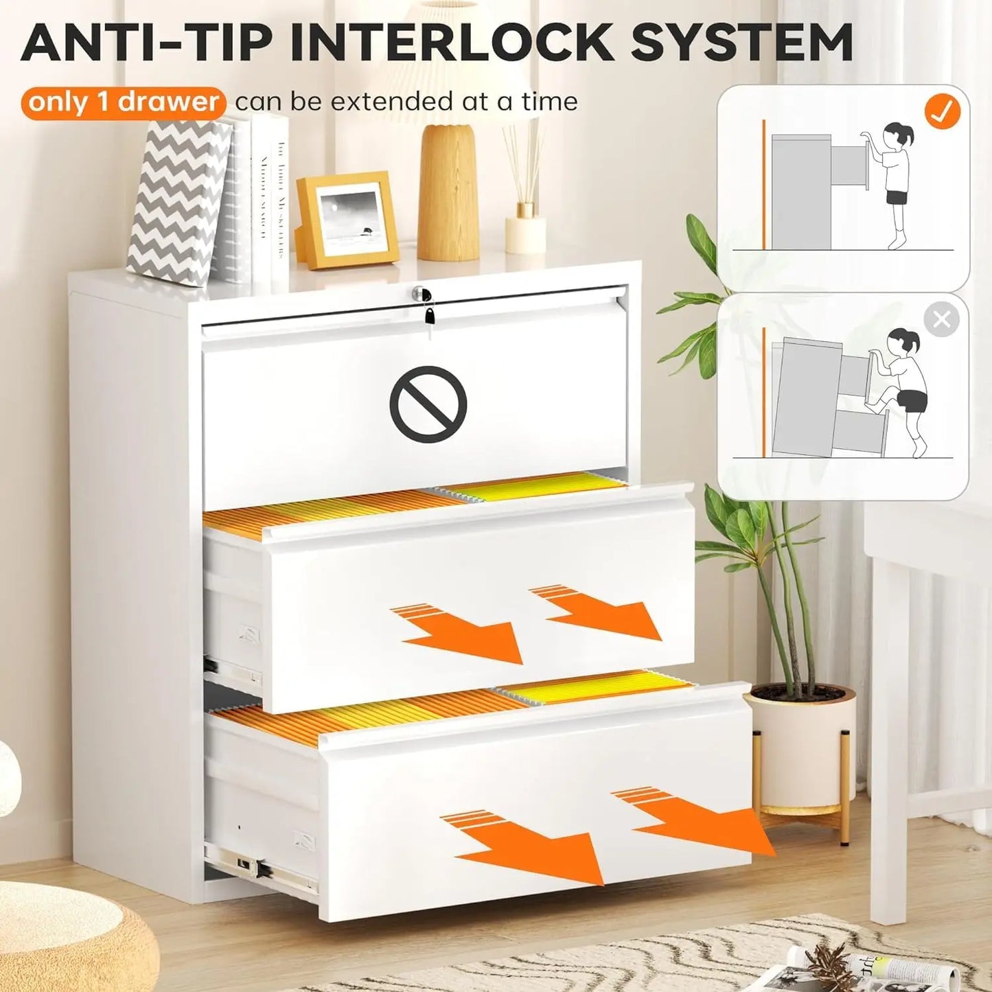 White File Cabinet 3 Drawer, Metal Lateral Filing Cabinet with Lock, Locking White Horizontal Cabinet with Adjustable Frame