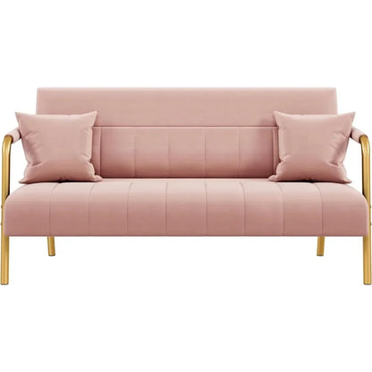 Sofá de dos plazas moderno de 56,5" de ancho con tela de terciopelo de lujo y brazos y patas de metal en tono dorado para dormitorio, Studio Pink