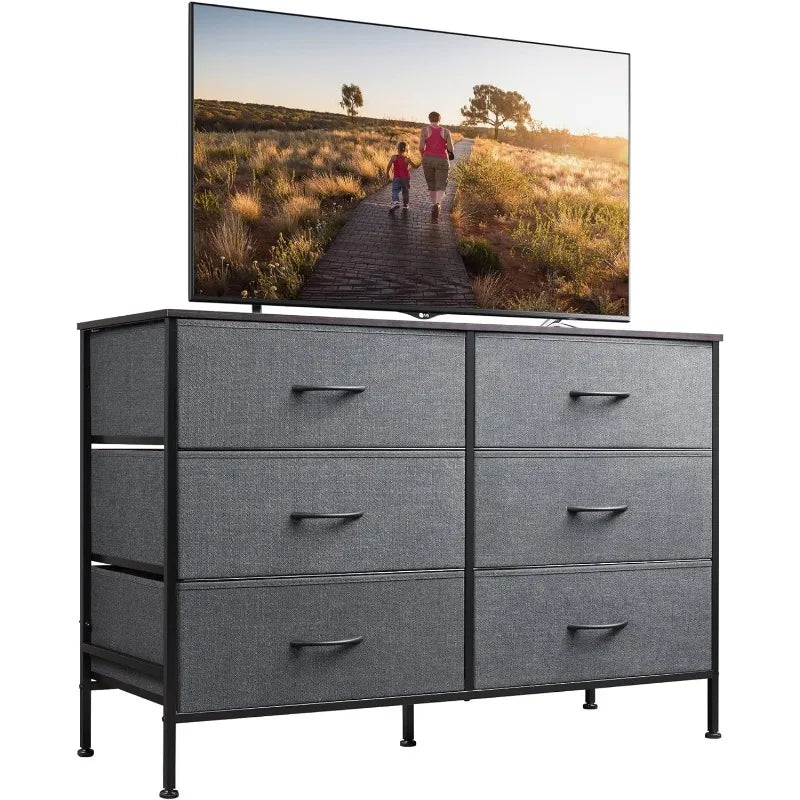 Wide Dresser with 6 Drawers, TV Stand for 50" TV, Entertainment Center with Metal Frame, Wooden Top, Fabric Storage Dresser for