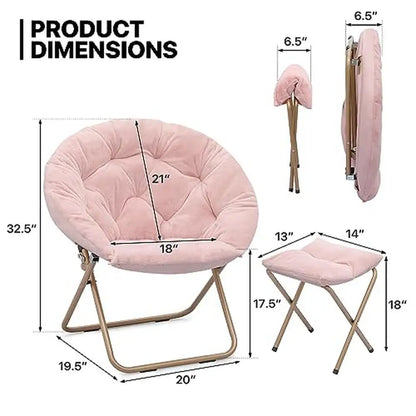 Chaise soucoupe surdimensionnée pliable en fausse fourrure avec repose-pieds et cadre en métal, confortable, doux, pour dortoir, salon, chambre à coucher, capacité de 300 lb