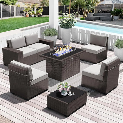 Juego de muebles de patio de 8 piezas con mesa para fogata a gas propano de 44", juego de sofá de mimbre y ratán y mesa de centro Rattan Möbel