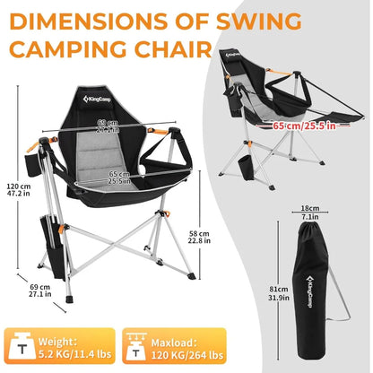 Silla de camping KingCamp, silla hamaca, mecedora plegable, respaldo ajustable de aluminio, silla con reposapiés extraíble