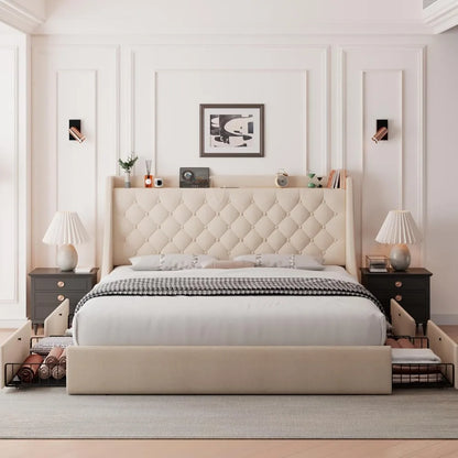 Upholstered Full Size Bed Frame with 4 Storage Drawers, Charging Station and Tufted Wingback Storage Headboard