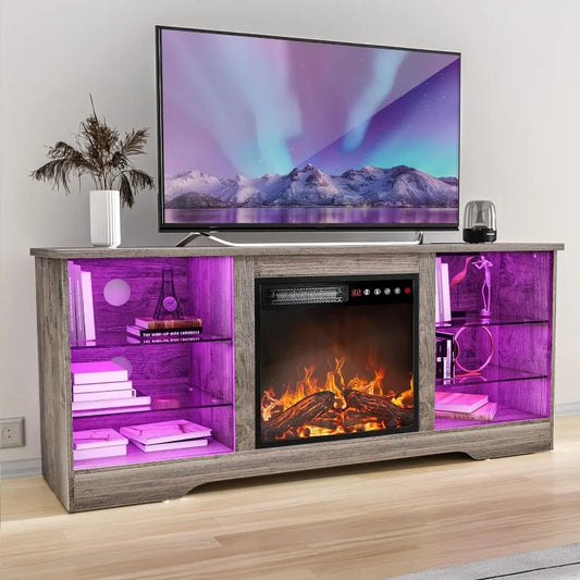 Fireplace TV Stand with 18''Fireplace, Modern Entertainment Center for TVs up to 65 inch, Media TV Console with Adjustable Glass