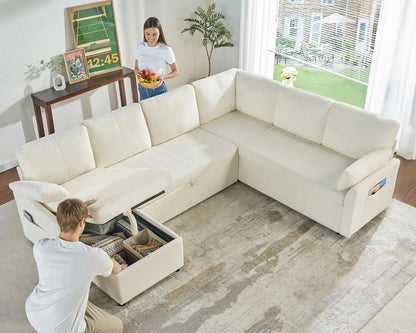 Fashionable Sofa Bed,Oversized U Shaped Couch with Storage Chaise, Pull Out Couch for Living Room, White Boucle Sofa Couch