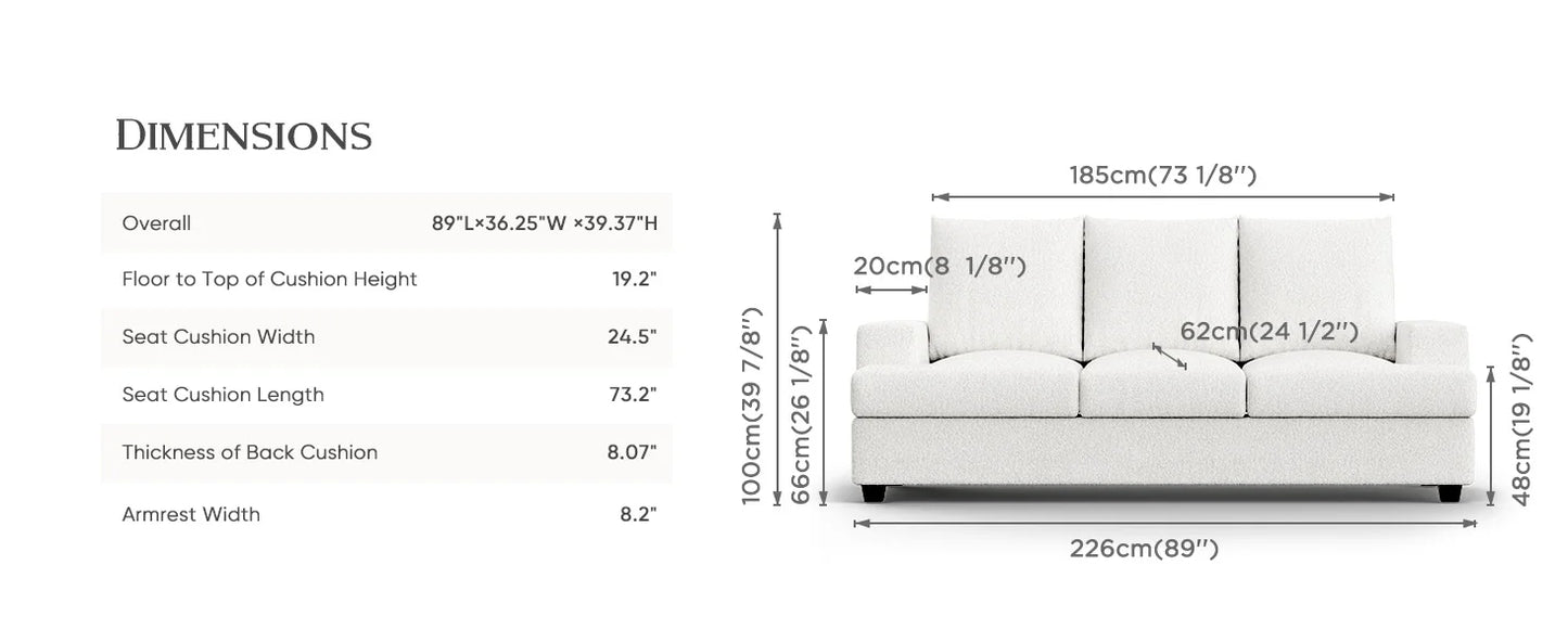 89" Sofa Couch with Extra Deep 3 Seats Memory Foam Couches for Living Room Washable Removable Chenille Cover Cozy Lounge Sofa