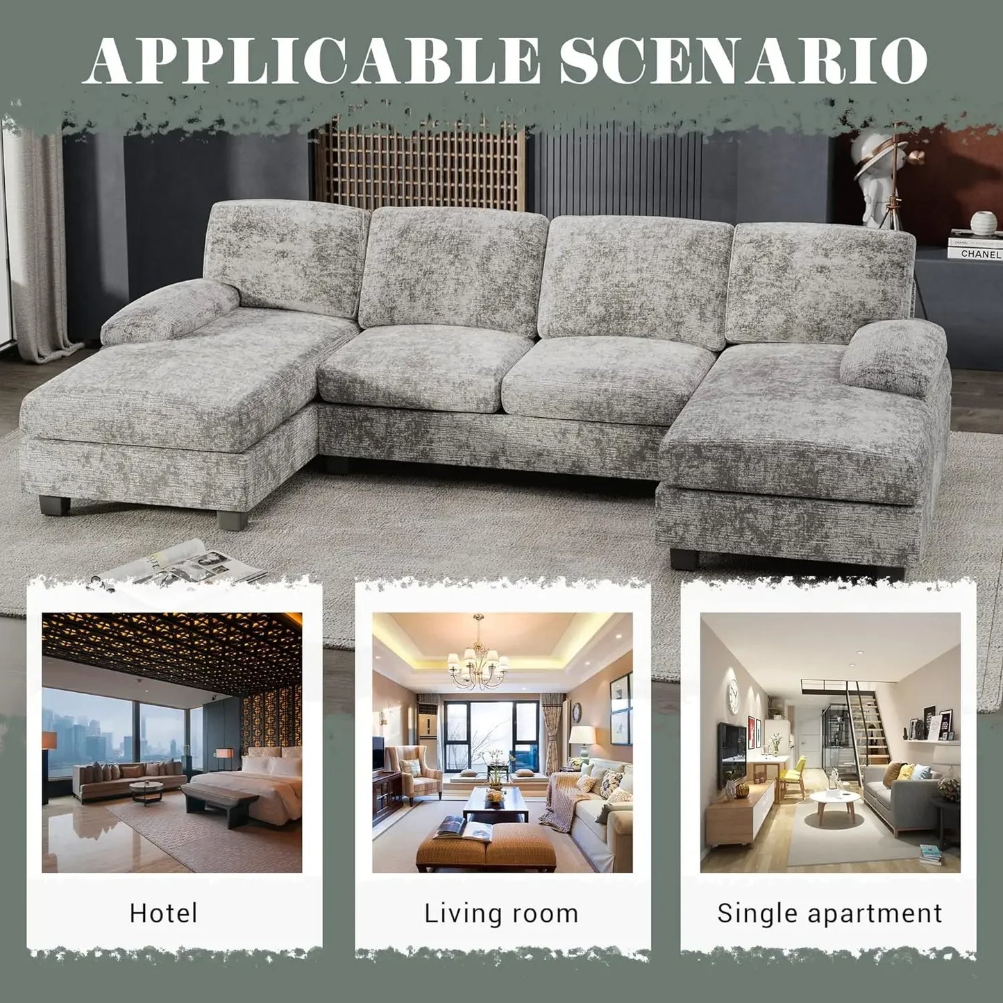 Convertible Sectional Sofa Couch, 4 Seat Sofa Set for Living Room U-Shaped Modern Fabric Modular Sofa Sleeper with Double Chaise