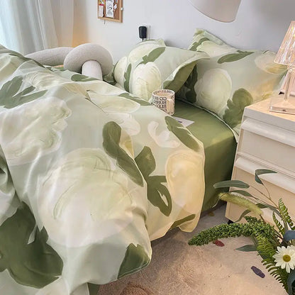 INS Tulip Bedding Set Green Floral Duvet Cover Queen Full Twin Size Flat Bed Sheet Floral Pillowcase Girls Bed Linen NO Filling