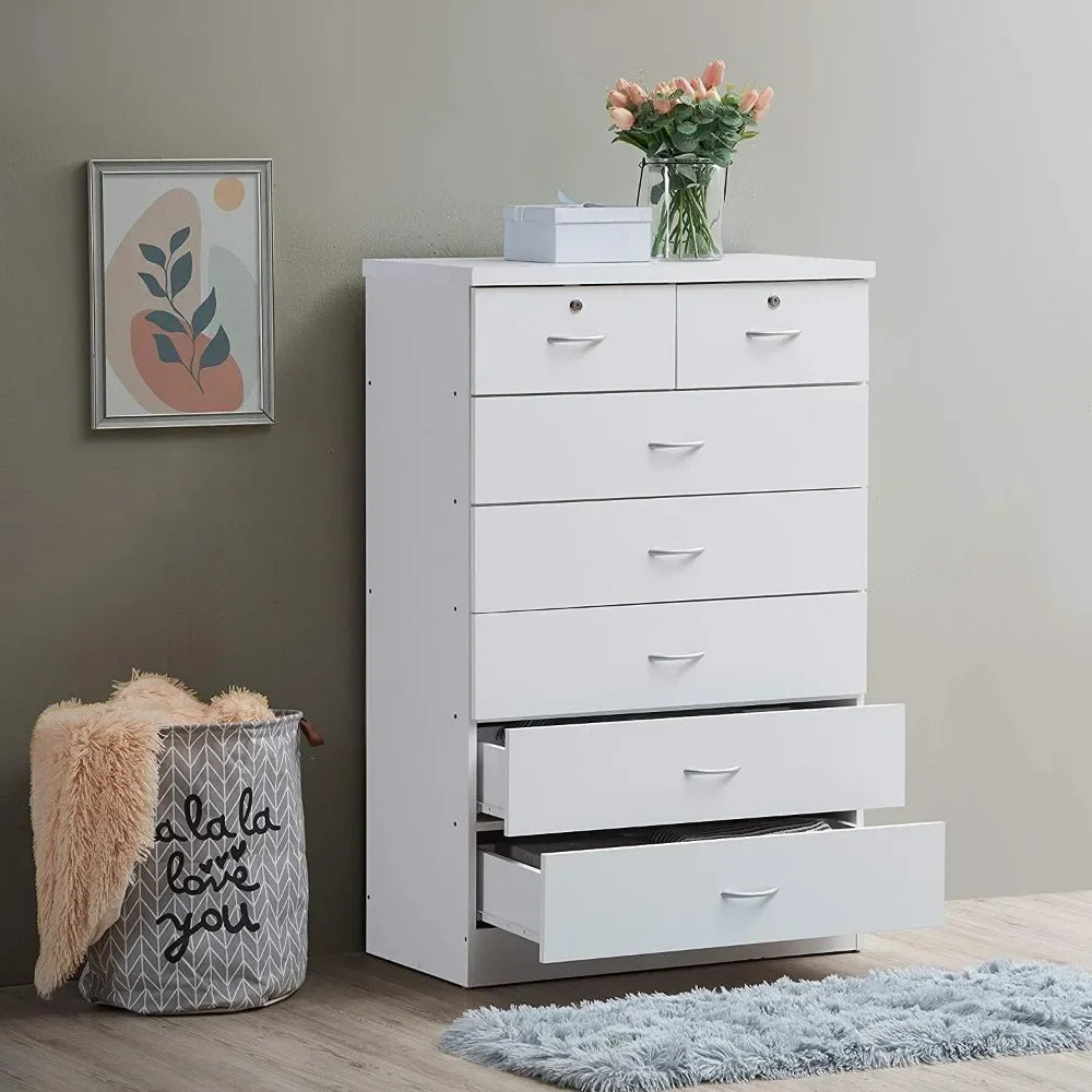 Cómoda con 2 cerraduras en los cajones superiores, mueble de dormitorio, mueble de baño blanco, escritorio de maquillaje, 31,5 pulgadas de ancho