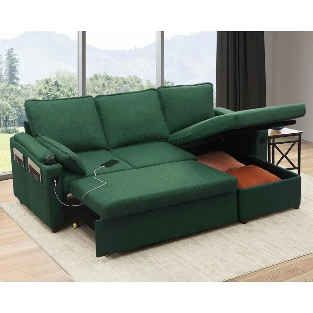 Sofa Bed Sleeper Pull Out 2 in 1 Sectional Sleeper Sofa with Storage,USB, Cup Holder,Pullout Sectional Couches for Apartment