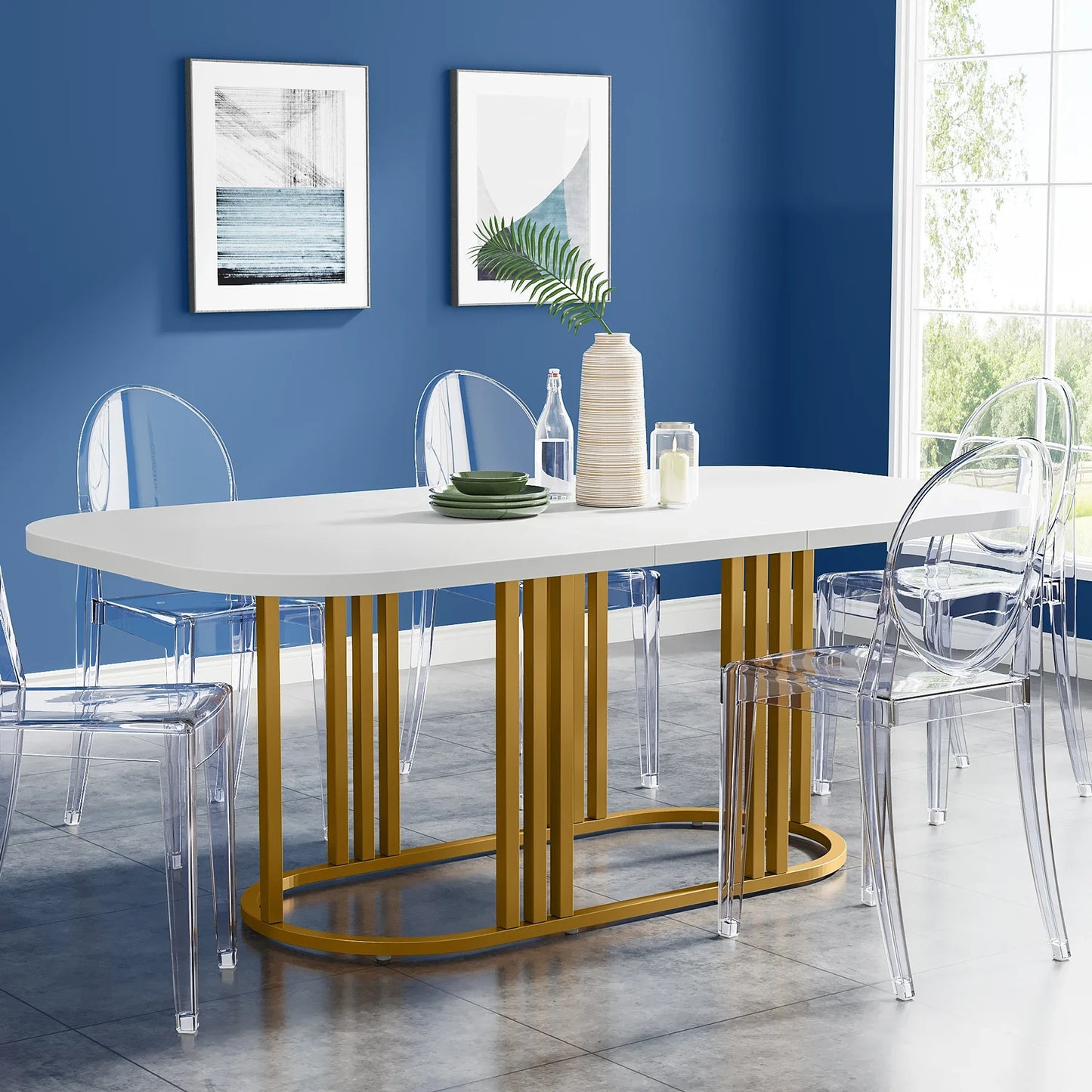 71” Modern White Kitchen Table  for 6, Rectangular Dining Room  with Heavy Duty Oval-Shaped Metal Frame,White/Gold