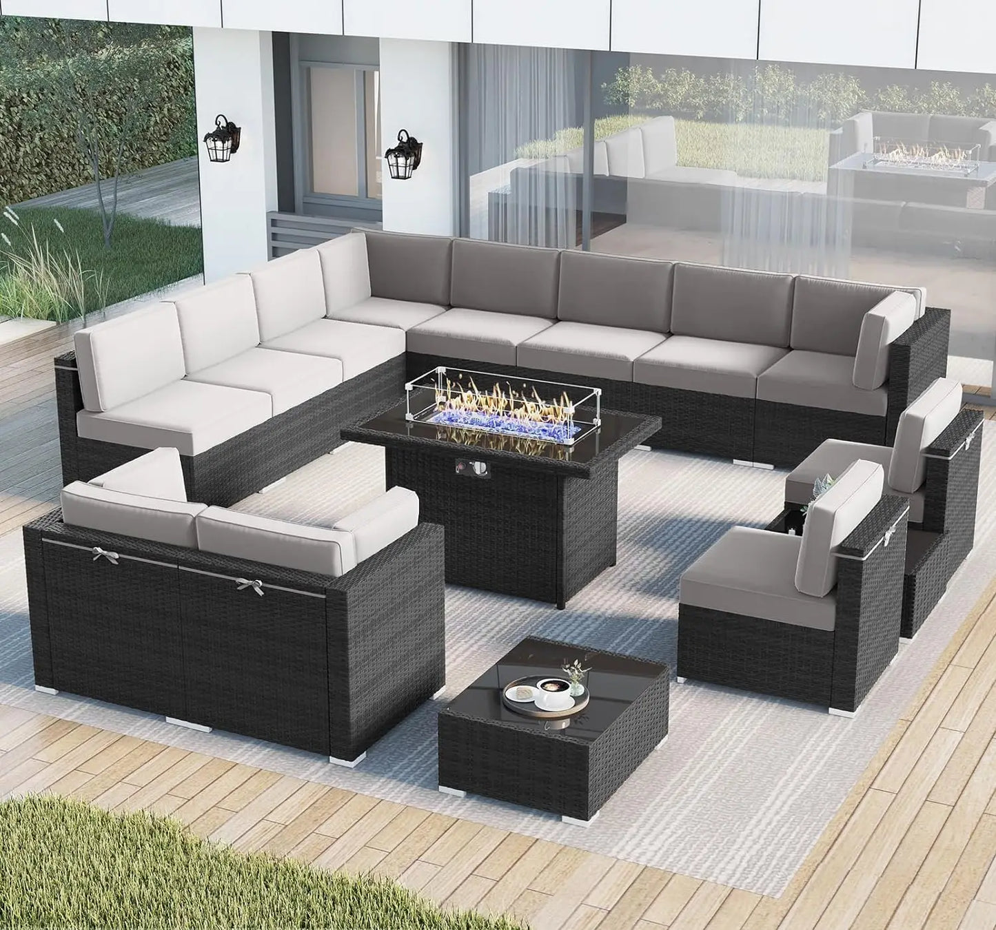 8 Piece Patio Furniture Set with 44" Propane Gas Fire Pit Table, Set Wicker Rattan Sofa Set and Coffee Table Rattan Möbel