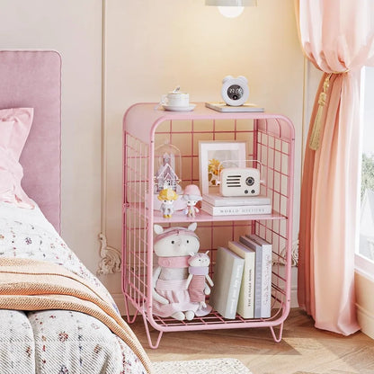 Cute Pink Nightstand,Metal Side Table,3 Tier End Table with Storage,Vintage Bedside Table,Girls Bedroom Furniture