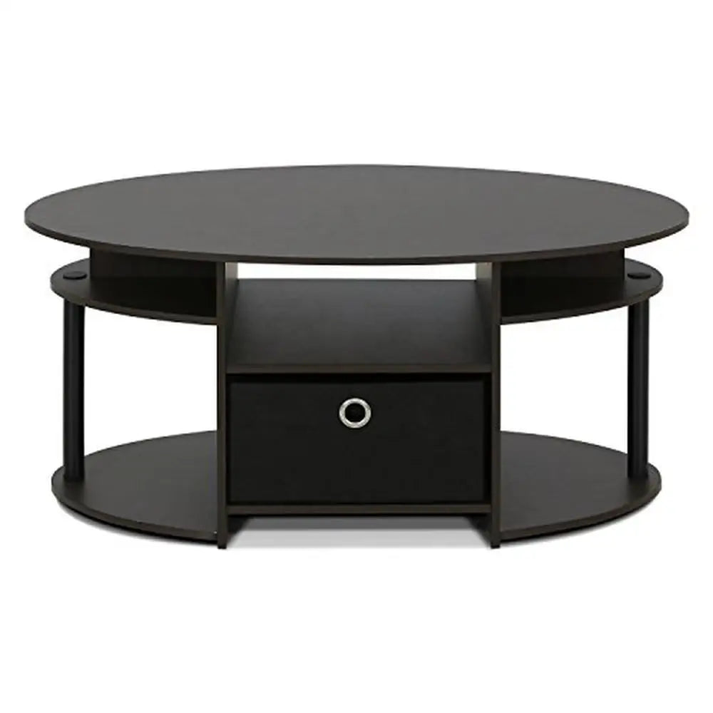 Table basse ovale avec étagères et poubelle intégrées Design simple Bois composite de qualité E1 Convient à toutes les pièces et à tous les budgets Couleur noyer Facile