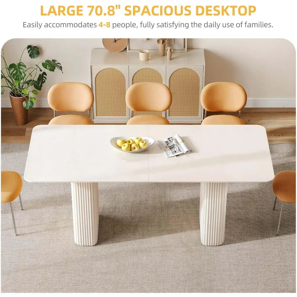 Table à manger de 70,8 po pour 6 à 8 personnes Table de cuisine rectangulaire moderne avec pieds incurvés en forme de vague solide Grande table à dîner blanc crème