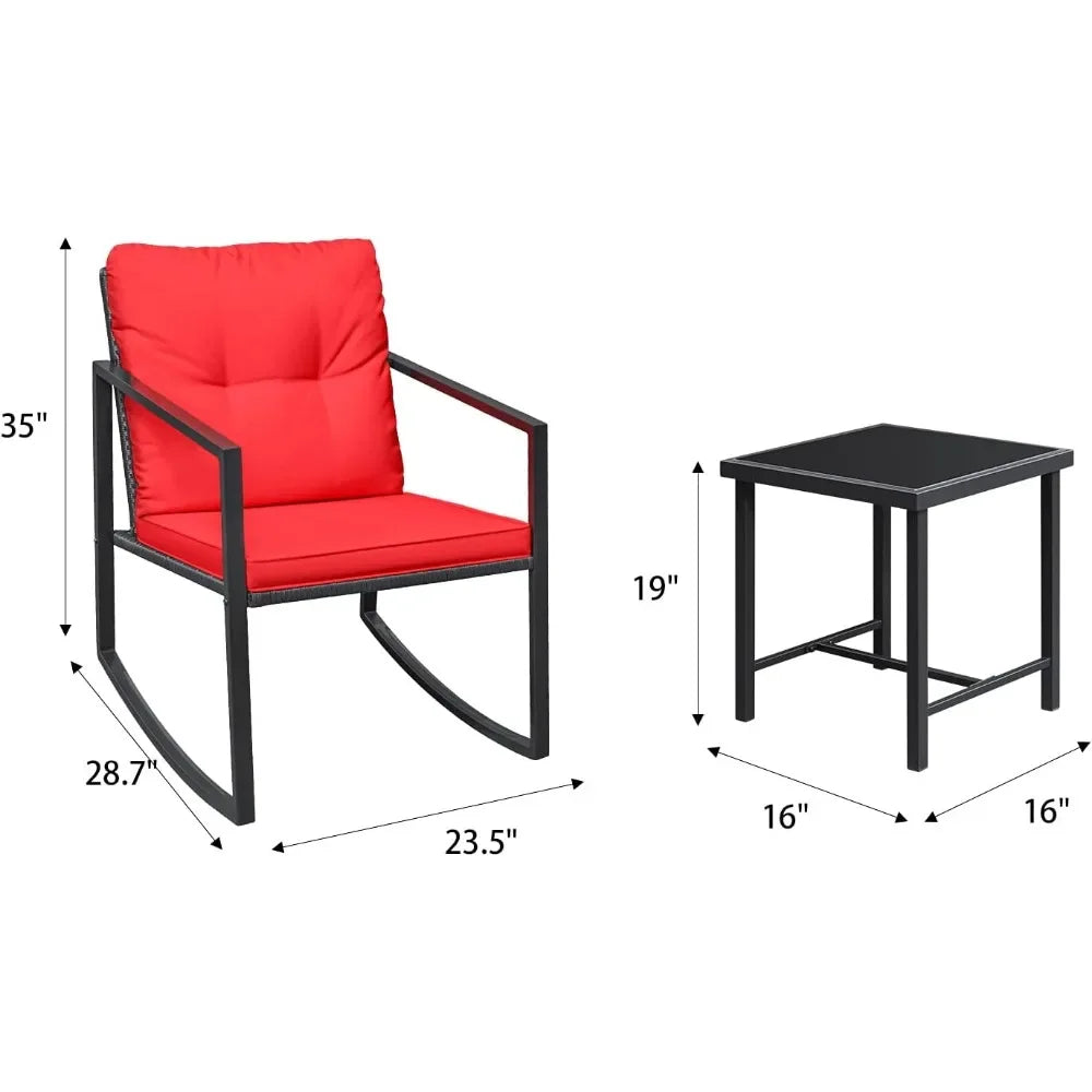 Juego de bistró de mimbre mecedor de 3 piezas, juego de muebles de exterior para patio, sillas de porche y mesa de centro de vidrio, color beige