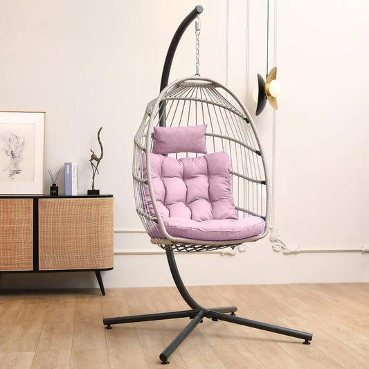 Hanging Egg Chair with Stand, Egg Swing Hammock Chair with Stand, Indoor Outdoor Wicker Egg Chair with Cushion Headrest,Swing