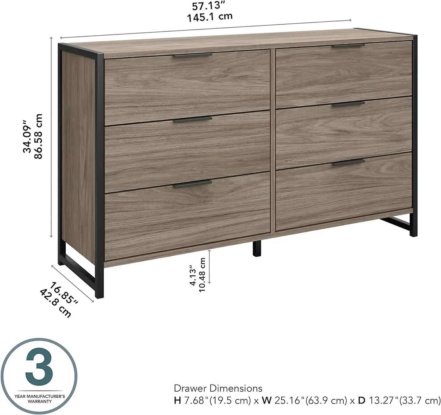 Cómoda independiente de 6 cajones para dormitorio, 43 cm de profundidad x 145 cm de ancho x 86 cm de alto, madera de nogal moderna