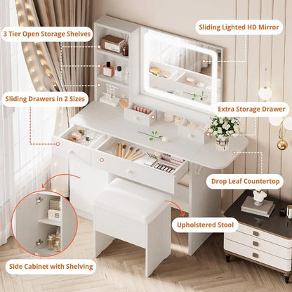 Commode, tiroirs et miroirs éclairés par LED, prises de courant et armoires, tabourets de rangement, housses de table de maquillage de chambre élégantes - meubles