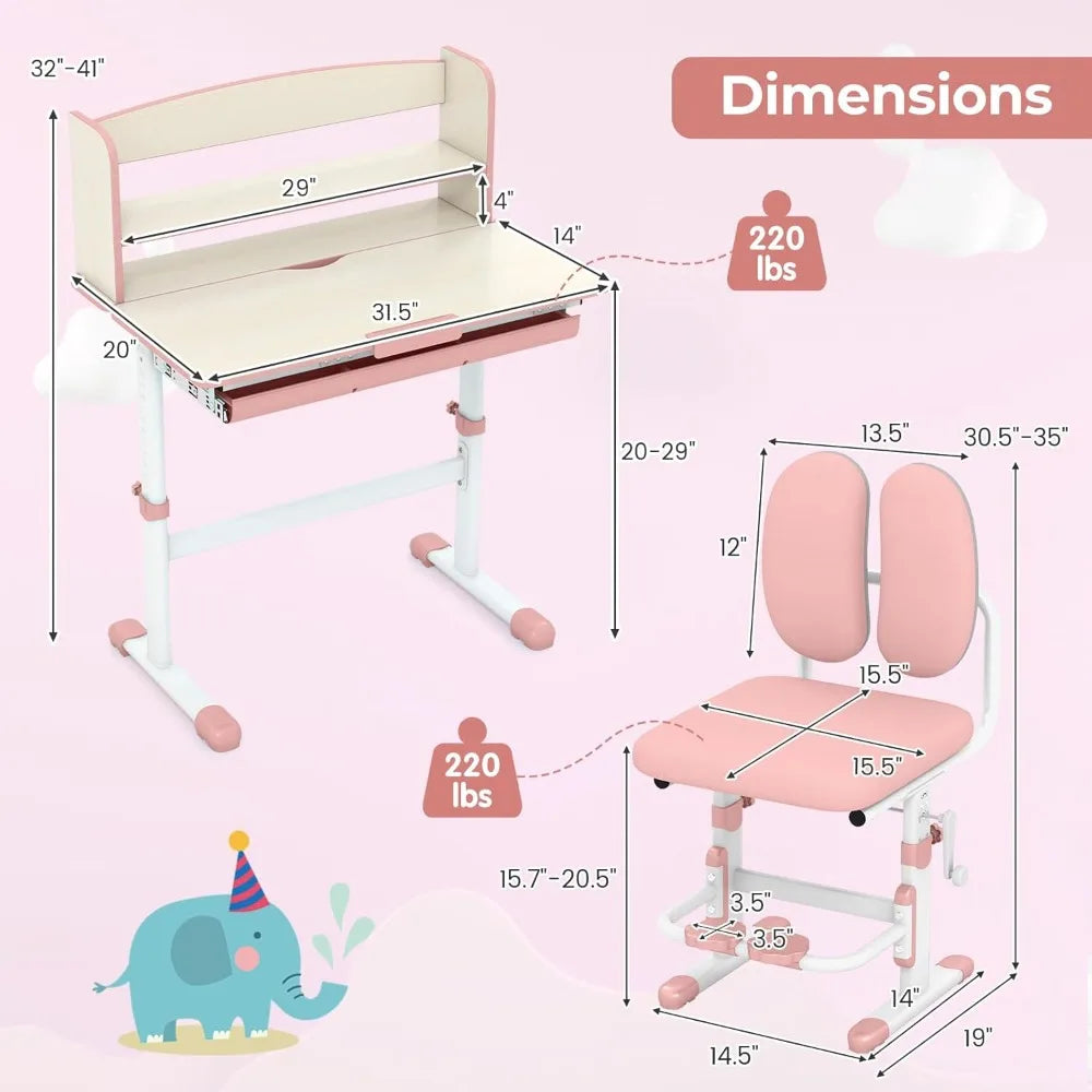 Kids Desk and Chair Set, Height Adjustable Children School Study Table and Chair Set w/Tilt Desktop