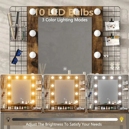 Ensemble de commodes avec lumières LED et miroir, tiroir et station de charge, coiffeuse avec tabouret pour chambre à coucher, commodes