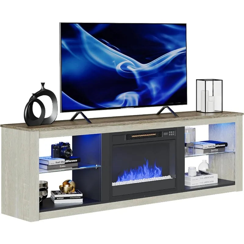 Meuble TV avec cheminée électrique pour téléviseur de 75 pouces, centre de divertissement LED avec étagères en verre pour salon Meuble TV Morden de 70 pouces