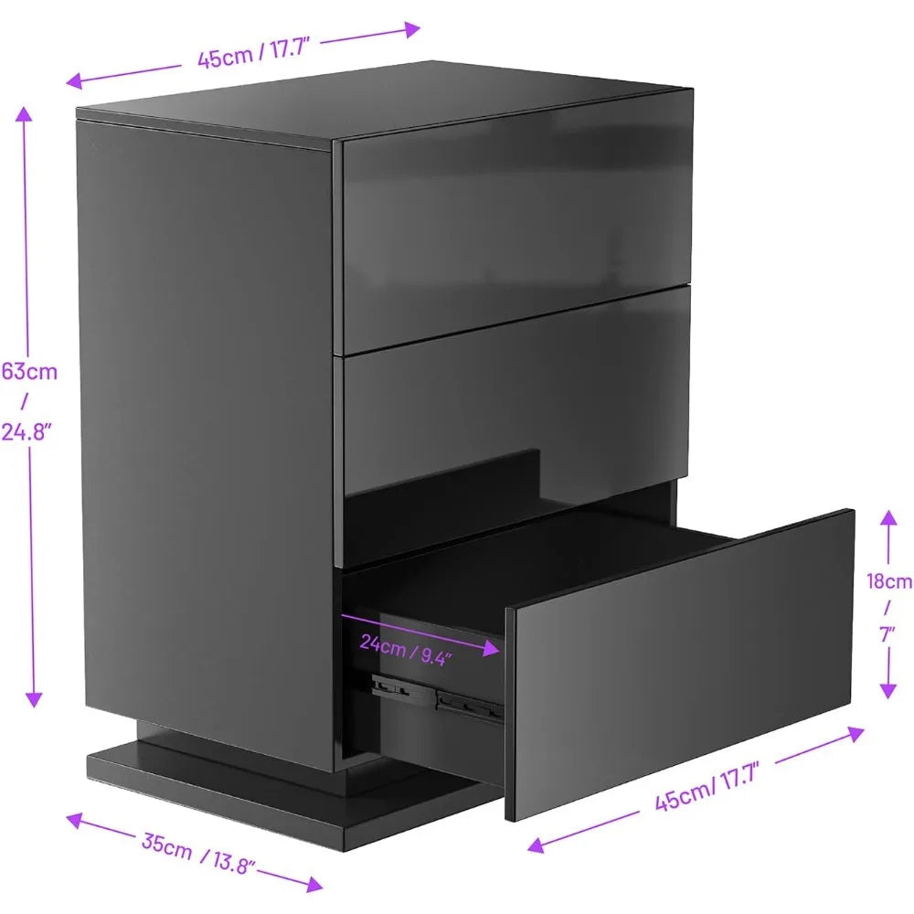 Ensemble de 2 tables de chevet à LED avec 3 tiroirs, boîte supérieure rabattable pour chambre à coucher, salon, panneau brillant Table de chevet LED moderne