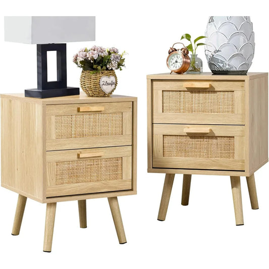 End Table, Side Table with 2 Hand Made Rattan Decorated Drawers, Nightstands, Wood Accent Table with Storage for Bedroom