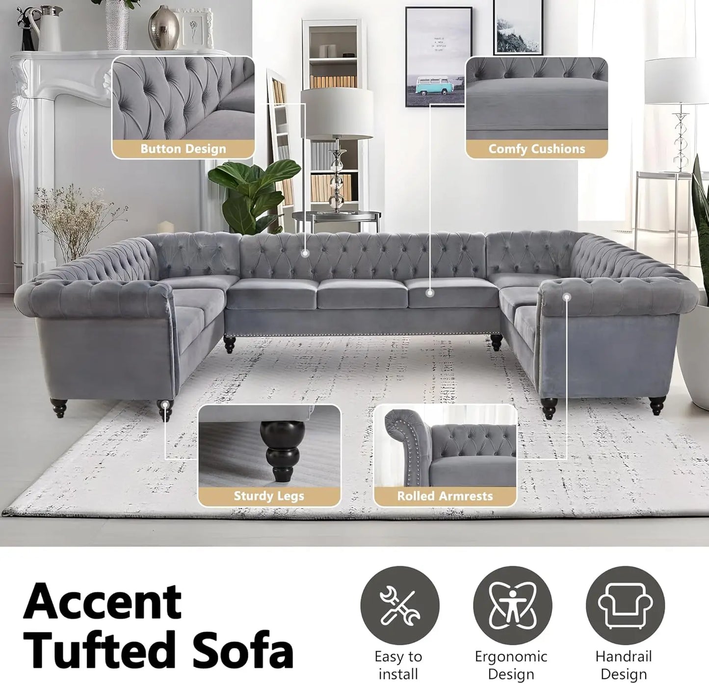 Sectional Chesterfield Velvet Couch Upholstered Large Accent Tufted Sofa with Rolled Armrest and Nailhead Design for Living Room