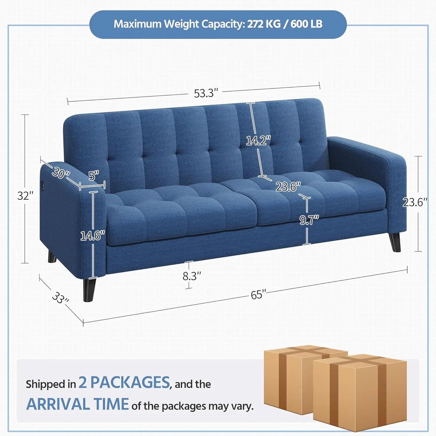 Sofás de tela de 2 plazas con puertos USB, sofá pequeño moderno de 65″ con patas de madera maciza para sala de estar, apartamento, dormitorio, oficina, color azul