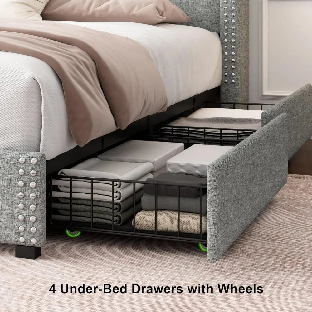 Bed frame, with 4 storage drawers, Upholstered Platform Bed Frame, Solid wood slat support, No box spring required