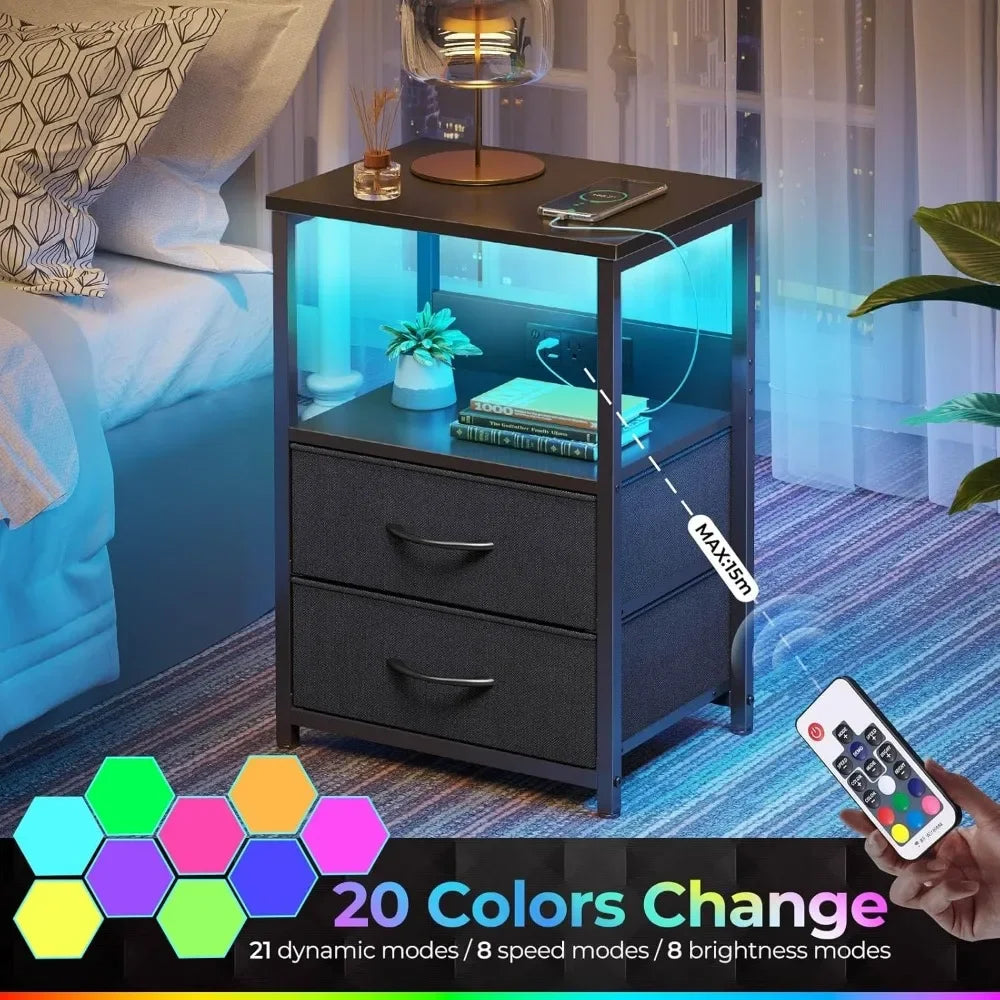 Nightstand with Charging Station, Bedside table with LED Lights, Night stand  Fabric Drawers, Storage End Table for Bedroom