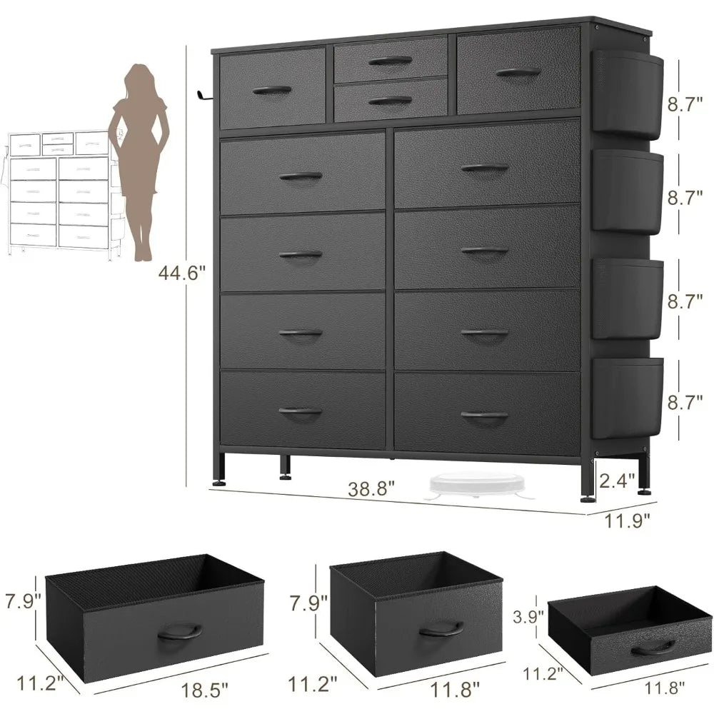 Commode pour chambre à coucher avec 12 tiroirs Commode avec poches latérales et crochets Commode en tissu PU Tiroirs pour couloir, entrée