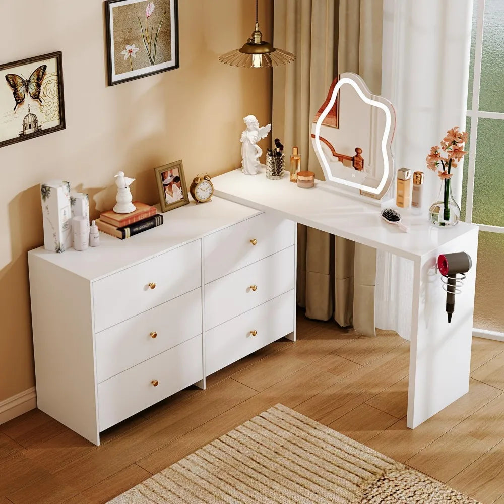 Coiffeuse d'angle blanche moderne avec miroir LED et 6 tiroirs spacieux, meuble de toilette, commode pour chambre à coucher