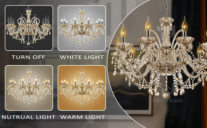 Lustre vintage en cristal cognac à 10 bras TRY-YEAN - Lustre classique en cristal K9 - Suspension en forme de goutte - Pour salon, chambre à coucher, couloir - E14