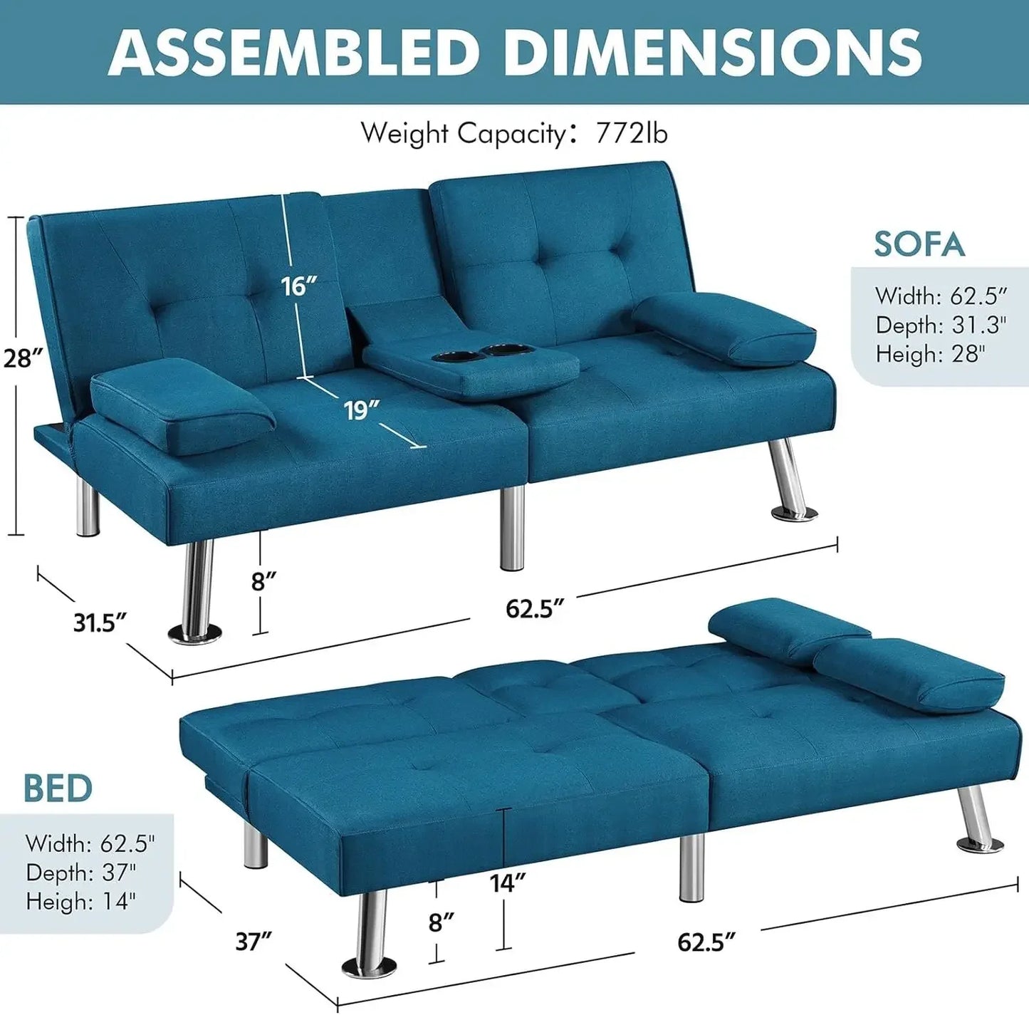 Sofá cama ajustable Sofá cama doble Sofá cama plegable Cama de invitados, portavasos, Cama Sillón moderno de cuero artificial