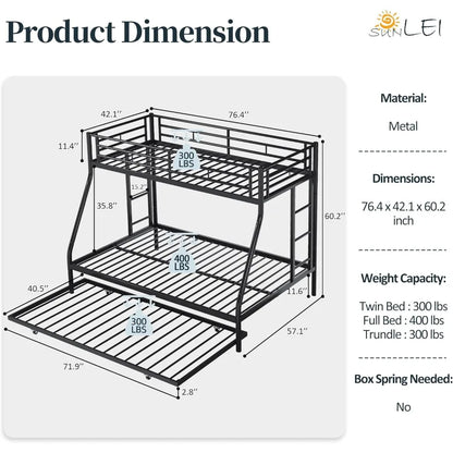 Metal Bunk Twin Over Full, Loft Bed with 2 Secured Ladders, Trundle Bed Twin with Daybed, Space-Saving Bed Frame with Safety